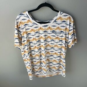 Kate Quinn Women’s Bamboo Short Sleeve Top Blue Yellow Rocket Print NWT Soft